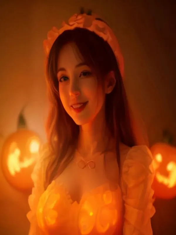 Retrato ilustrativo con vestido naranja y calabazas iluminadas