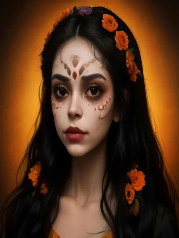 Retrato ilustrativo de Catrina con flores naranjas y detalles en el rostro